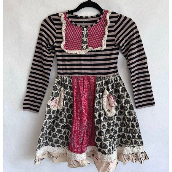 Mustard Pie Girls Long Sleeve Patchwork Dress 8 Striped Bodice Lace Trim Boho - Picture 1 of 6